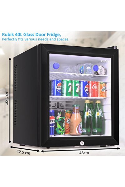 RUBIK 40L Glass Door Beverage Cooler with Key Lock for Bed Room, Zero Noise, Thermoelectric, No Compressor