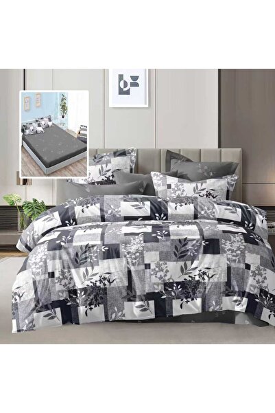 Pucioasa Double bed linen 6 pieces with elastic, grey squares flowers