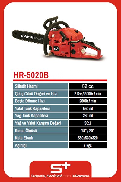 SwissTron SW5020 Motorlu Testere 50 cm Pala - 3 HP - Benzinli Testere Ağaç Kesme Testeresi Hızar Ağaç Motoru