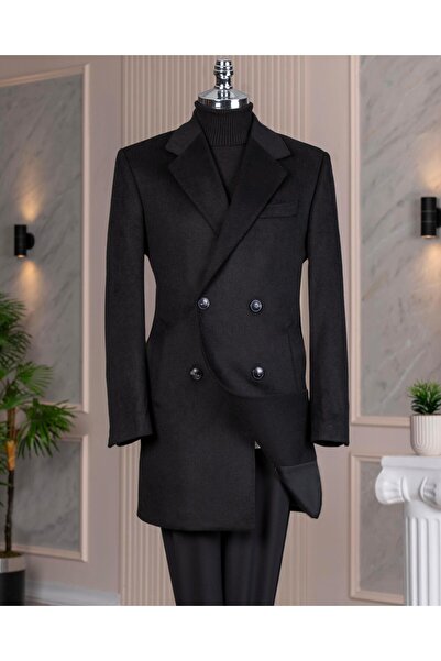 TerziAdemAltun İtalyan stil slim fit kruvaze yün karışımlı kaşe erkek kaban siyah T14713