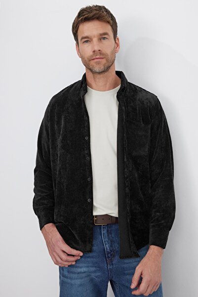 Tudors Men's Regular Fit Relaxed Cut Corded Fabric Velvet Look Buttoned Collar Black Jacket Shirt