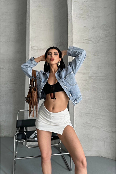 ZENGEZUR MALL Lvsqvr Double Pocket Sleeve Folded Snow Wash Crop Denim Jacket Blue D2000 (182850) (Size: S)