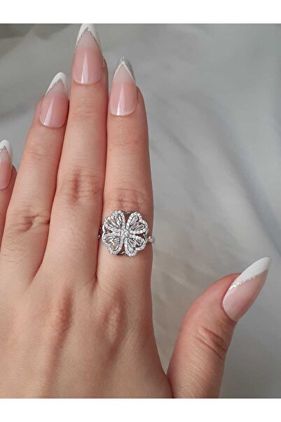 byliora Gümüş Çelik Dönen Stres Çarkı Çiçekli Ayarlanabilir Yüzük