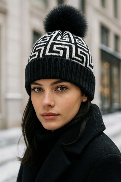 REMSA Women's Pompom Detail Patterned Beanie Rkş-1144 Black