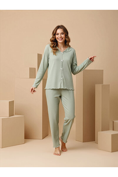 rindahomewear Corded Fabric Soft Cotton Bow Detail Long Sleeve Women's Pajama Set