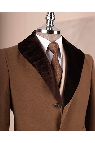 TerziAdemAltun Ανδρικό παλτό με γούνινο γιακά ιταλικού στυλ από μαλλί μεικτό κασετίνα μπεζ T14960