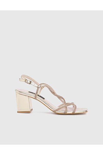 İLVİ Crocus Genuine Leather Gold Stone Women's Heeled Sandals