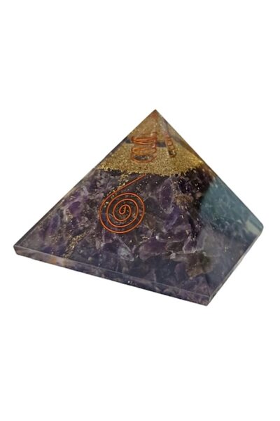Ezera Piramidă de ametist și orgon, Ezera, cu spirală vibrațională de cupru și vârf de cuarț, 9 cm
