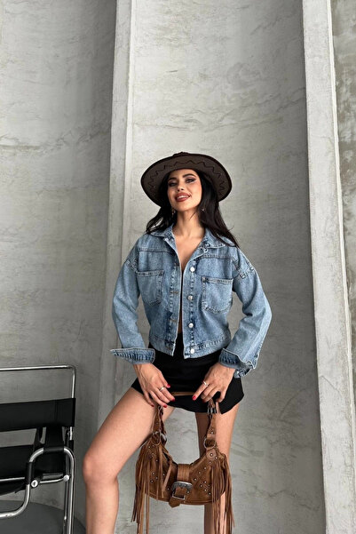 ZENGEZUR MALL Lvsqvr Double Pocket Sleeve Folded Snow Wash Crop Denim Jacket Blue D2000 (182850) (Size: S)