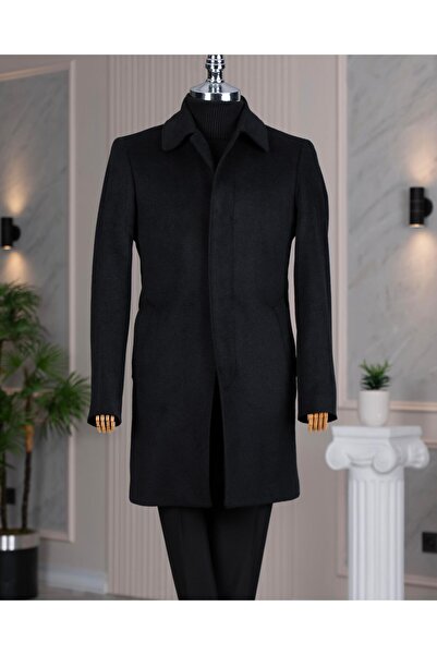 TerziAdemAltun İtalyan stil klasik kalıp yün karışımlı kaşe erkek kaban siyah T14683