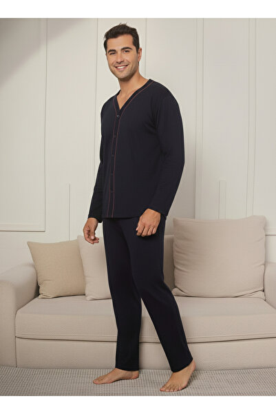 Ercan طقم بيجامة رجالي بأكمام طويلة وأزرار أمامية