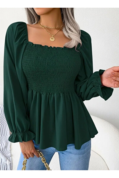 BEFAON Women's Long Sleeve Geometric Neckline Gipe Detailed Crepe Blouse