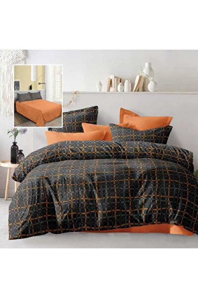 Pucioasa Double bed linen, grey orange checkered