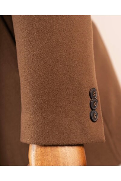 TerziAdemAltun Ανδρικό παλτό με γούνινο γιακά ιταλικού στυλ από μαλλί μεικτό κασετίνα μπεζ T14960