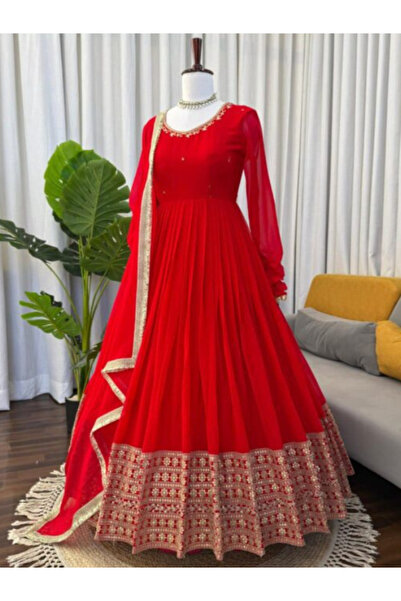 MYSMAR Red Georgette Gown Pant & Dupatta - HRT5596 | Red