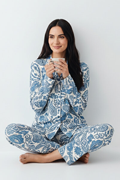 Pierre Cardin Women's Blue Shirt Collar Buttoned Modal-Cotton 2-Piece Pajama Set Vr.11.P90.C76.Y01