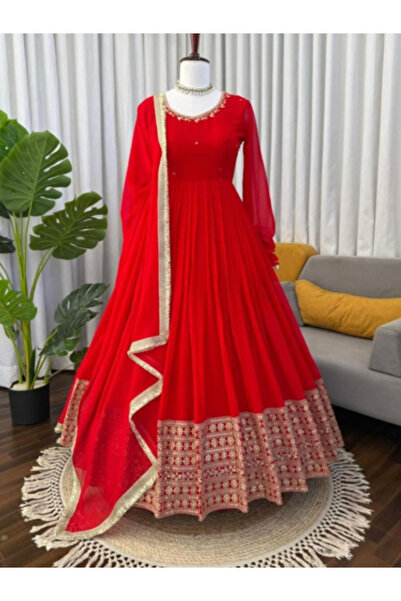 MYSMAR Red Georgette Gown Pant & Dupatta - HRT5596 | Red