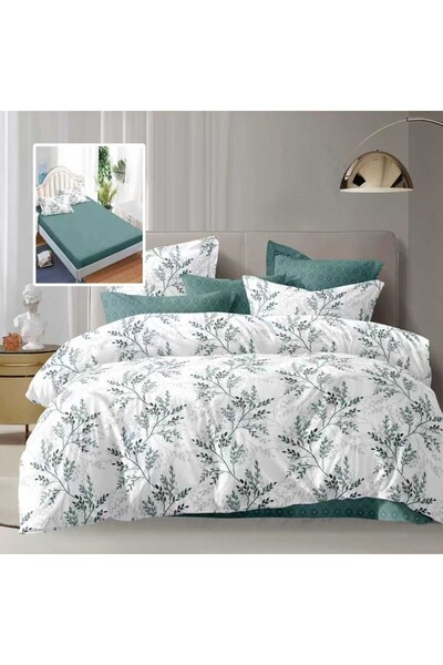 Pucioasa Double bed linen 6 pieces with elastic, green leaves