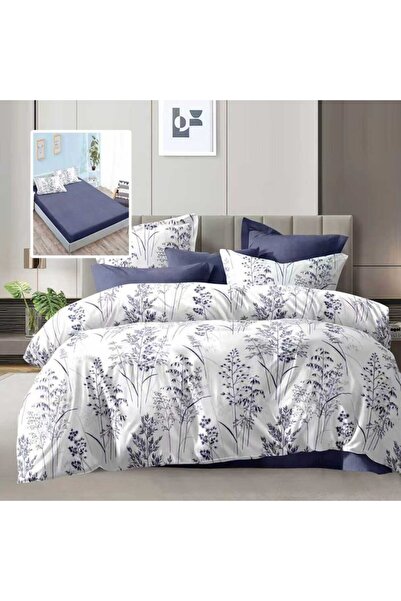 Pucioasa Double bed linen 6 pieces with elastic, white blue plants