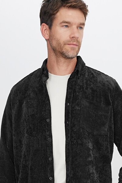 Tudors Men's Regular Fit Relaxed Cut Corded Fabric Velvet Look Buttoned Collar Black Jacket Shirt