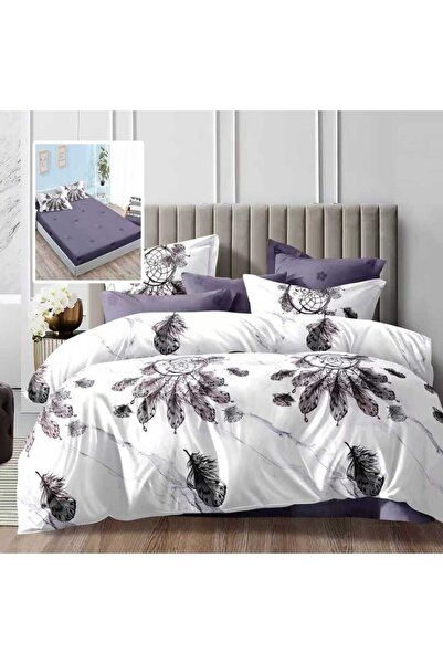 Pucioasa Double bed linen 6 pieces with elastic, gray purple feathers