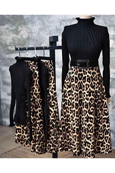 stelol Leopard Patterned Crepe Fabric - Women's Legendary Skirt, Elastic Waist and Beltless