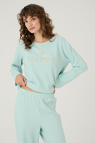 İPEKTENİM Happy Yazı Ve Kalp Baskı Detaylı Waffle Pijama Takımı