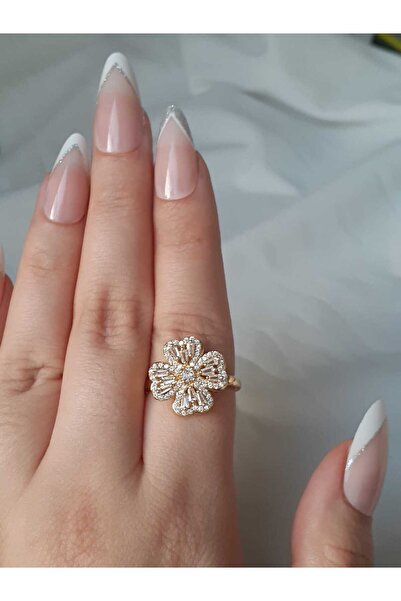 byliora Gold Çelik Dönen Stres Çarkı Çiçekli Ayarlanabilir Yüzük