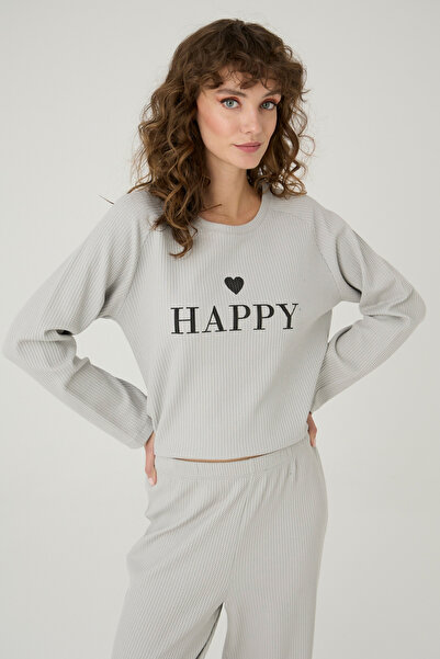 İPEKTENİM Happy Yazı Baskılı Yuvarlak Yaka Waffle Dokulu Pijama Takımı