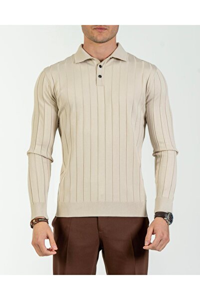 TerziAdemAltun Italian Style S Slim Fit Polo Collar Knitwear Sweater Stone T14488