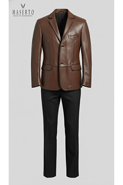 MASERTO Taba Rengi El Dikişli Hakiki Kuzu Derisi Düğmeli Blazer Stil Erkek De...