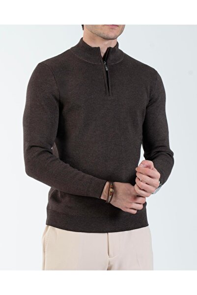 TerziAdemAltun Italian Style S Slim Fit Men's Half-High Collar Zipper Knitwear Sweater Brown T14870