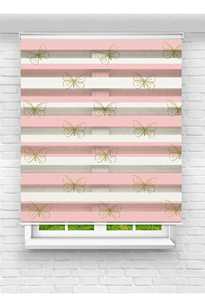 vanilyahome Sevimli Kelebekler Desenli Pembe Dijital Baskılı Zebra Stor Perde