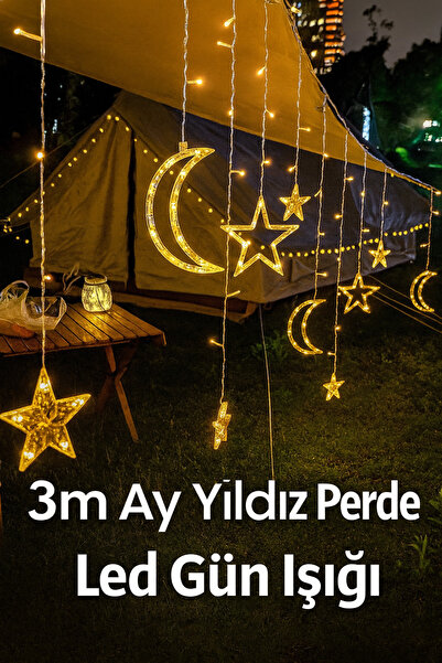 Yenilig 3 Metre Ay Yıldız Perde Led Işık - Gün Işığı, 12 Saçaklı, Fişli ve 8 ...