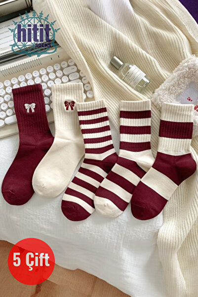 Hitit Socks Women's 5 Pairs Premium Quality Red and White Striped Ribbon Detailed Long College Socks