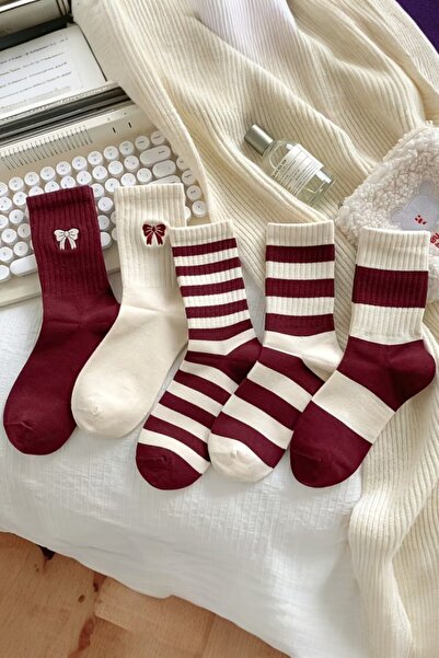 Hitit Socks Women's 5 Pairs Premium Quality Red and White Striped Ribbon Detailed Long College Socks