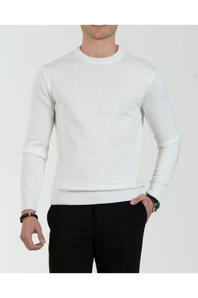 TerziAdemAltun Italian Style S Slim Fit Men's Crew Neck Knitwear Sweater Ecru T13119