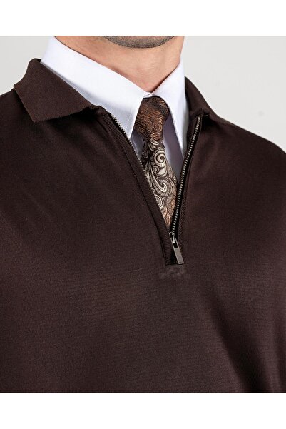 TerziAdemAltun Italian Style S Slim Fit Zipper Polo Neck Knitwear Sweater Brown T14512