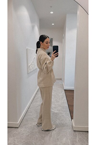 BRTC design Women's Cream Jacquard Textured Innerwear Fleece-Lined D Mock Neck Double Set