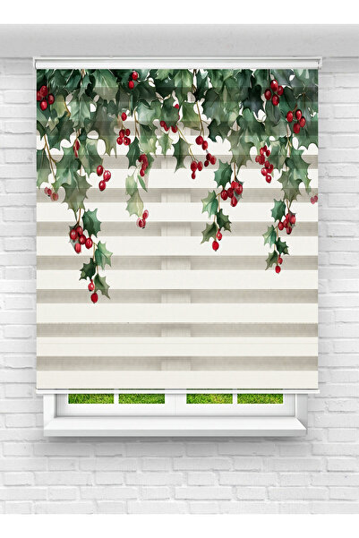 vanilyahome Kırmızı Meyveli Kışlık Holly Yaprağı Dijital Baskılı Zebra Stor P...