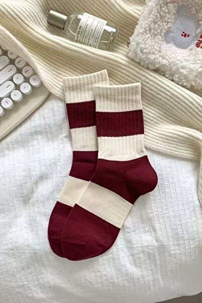 Hitit Socks Women's 5 Pairs Premium Quality Red and White Striped Ribbon Detailed Long College Socks