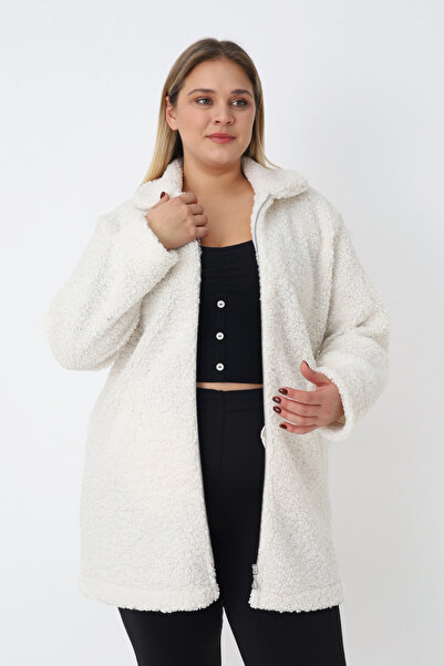 İntensive Women's Plus Size White Zippered Pocket Soft Teddy Plush Long Sleeve Cardigan