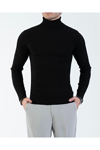 TerziAdemAltun Italian Style S Slim Fit F Corded Fabric High-Neck Knitwear Men's Sweater Black T13148