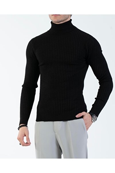 TerziAdemAltun Italian Style S Slim Fit F Corded Fabric High-Neck Knitwear Men's Sweater Black T13148
