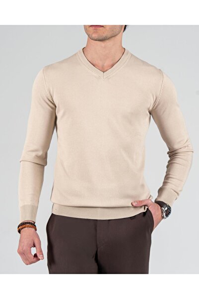 TerziAdemAltun Italian Style S Slim Fit Men's V-Neck Knitwear Sweater Beige T8737