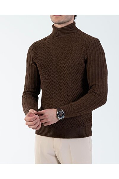 TerziAdemAltun Italian Style S Slim Fit Turtleneck Knitwear Men's Sweater Brown T10610