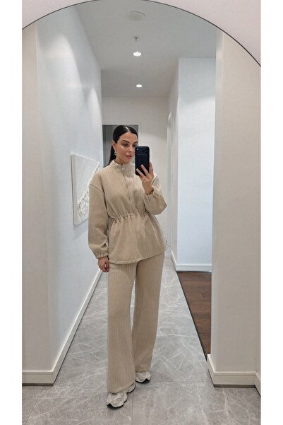 BRTC design Women's Cream Jacquard Textured Innerwear Fleece-Lined D Mock Neck Double Set