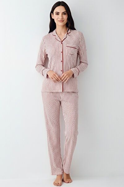 Pierre Cardin Set de pijamale din 2 piese pentru femei, cu nasturi, cu guler, cu dungi, modal-bumbac VR.11.P91.C13.Y01