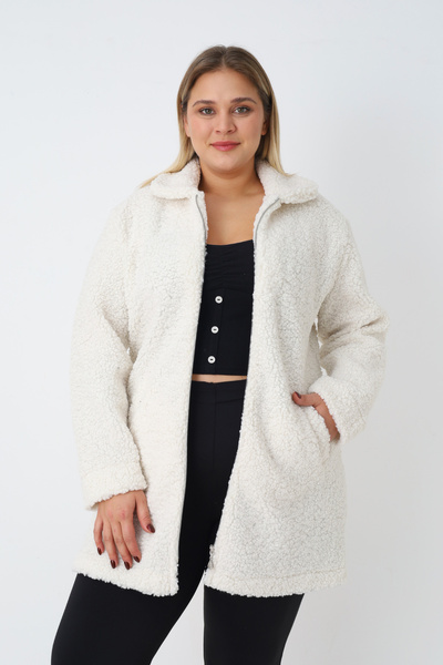 İntensive Women's Plus Size White Zippered Pocket Soft Teddy Plush Long Sleeve Cardigan