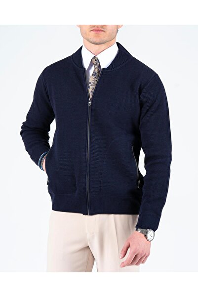 TerziAdemAltun Italian Style Men's Zipper Cardigan Navy Blue T13145
